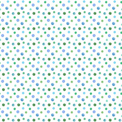 Abstract seamless pattern with watercolor green and blue textured dots.