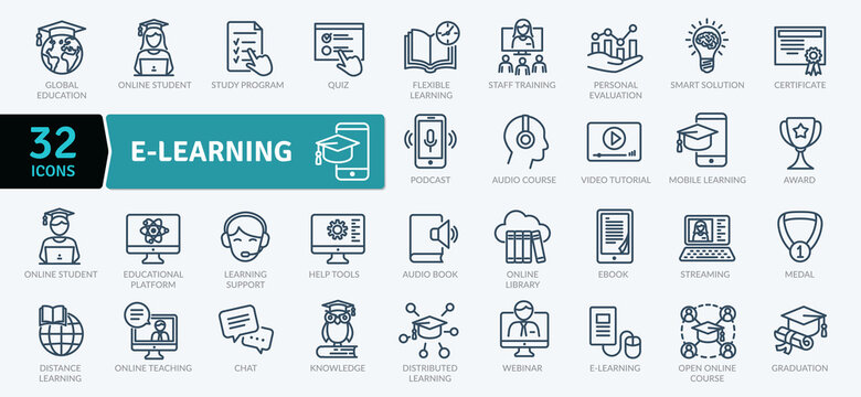 Electronic learning icons Pack. Thin line icons set. Distance learning collection set. Simple vector icons