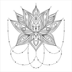 Vector ornamental Lotus flower, ethnic art, patterned Indian paisley. Hand drawn illustration. Invitation element. Tattoo, astrology, alchemy, boho and magic symbol.