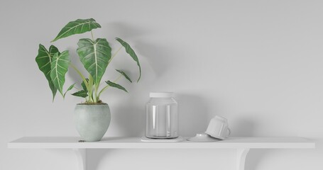 3d render Front view of empty shelf on white table showcase and wall background with natural window light. Display of backdrop shelves for showing minimal concept. tree plant, glass and coffee cup.