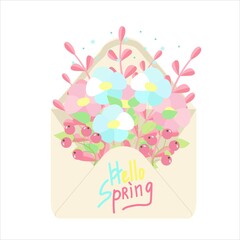 Open envelope with spring flowers inside, cute bouquet of spring flowers, hello spring, beautiful greetings with spring, vector illustration in flat style.