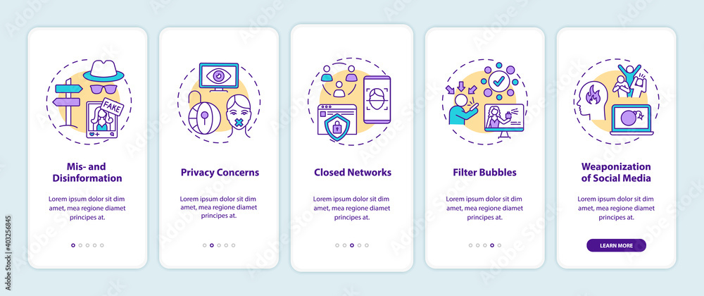 Poster social media and journalism challenge onboarding mobile app page screen with concepts. disinformatio