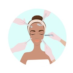 Body and face care treatments, female face, facial massage and rejuvenating masks, injections of youth and beauty, vector flat illustration,Icons for spa salons.