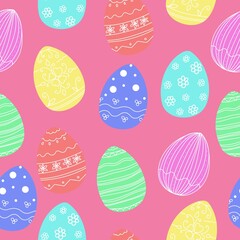 Seamless pattern with colored easter eggs, colored eggs, religious holiday easter, symbol of easter, vector image in doodle style.