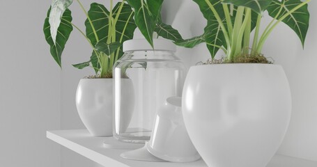 3d render Front view of empty shelf on white table showcase and wall background with natural window light. Display of backdrop shelves for showing minimal concept. tree plant, glass and coffee cup.