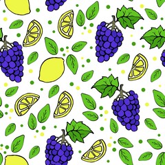 Seamless pattern with lemons and grapes, juicy blue grapes, tropical exotic fruits, floral pattern, green leaves and dots, vector illustration in doodle style.