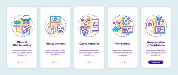Social media and journalism challenge onboarding mobile app page screen with concepts. Disinformation, privacy walkthrough 5 steps graphic instructions. UI vector template with RGB color illustrations