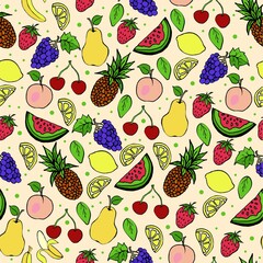 Seamless pattern of vector fruits in doodle style. Tropical and garden fruits. Pineapple banana lemon watermelon grape cherry and pear ripe summer vitamins. Fruit pattern.
