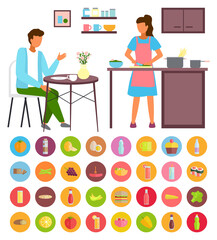 Woman cooking at kitchen, cutting salad. Young guy talking with girl. Family spend time at kitchen. Collection of different types of food, drinks, fresh fruits, vegetables, pizza, burger, sweets