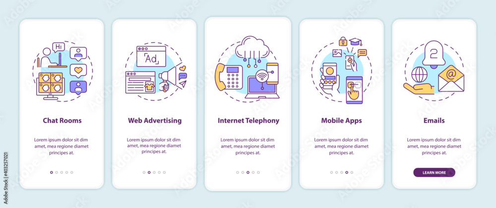 Poster new media examples onboarding mobile app page screen with concepts. chat rooms, internet telephony w