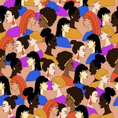 Seamless pattern concept of united society, stop racism, united community, many women with different skin color, african asian european - all beautiful, vector pattern in doodle style.