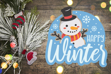 Happy winter greeting card or poster with snowman and snowflakes