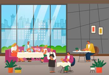 Restaurant or cafe concept, family eating, relaxing, communicating with children, waitress accept order in guest woman sitting alone at table, man eating, stylish interior with big windows, city view