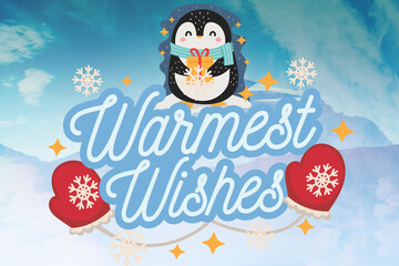 Warmest wishes greeting card or banner with hearts and snowflakes