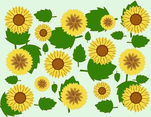 Yellow brown flowers and green leaves on a light green background for textile and paper design