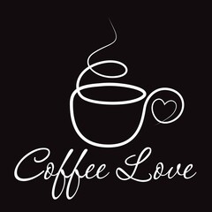 Elegant hand drawn Cup of coffee with heart. Line art vector illustration.
