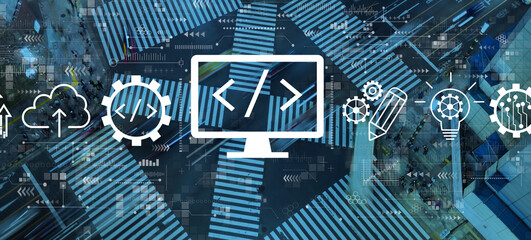 Web development concept with busy city traffic intersection