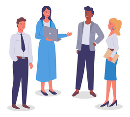 Business meeting, communicating colleagues, standing businesspeople, businesswoman with laptop discuss project or startup with businessmen, mix race teamwork, executive office workers conversation