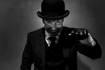 Portrait of Man in Dark Suit and Bowler Hat Holding Sharp Knife. Maniacal Grin. Comic Book...