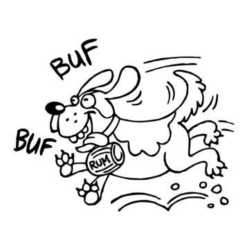 St. Bernard dog running with a barrel of rum on his neck, lifeguard, mountain service, black and white cartoon