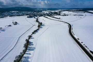 Bird's eye view of the snow-covered landscape in the Taunus / Germany