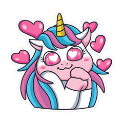 Cute Expression Unicorn with Loves. Cartoon Vector Icon Illustration. Animal Love Icon Concept Isolated Premium Vector.