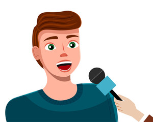 Young man with microphone, news reporter or show host. Cartoon vector character broadcaster dark-haired guy isolated on white background. Person gives interviews to journalists answering questions