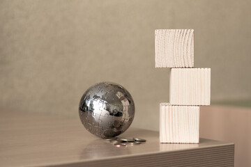 The cubes are wooden and office tools. BUSINESS and finance concept.