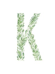 Letter K made from green leaves. Floral letter K. Green leaves lettering. Negative space lettering. Floral lettering isolated on white background.