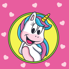 Funny Unicorn with Love Background. Cartoon Vector Icon Illustration. Animal Love Icon Concept Isolated Premium Vector.