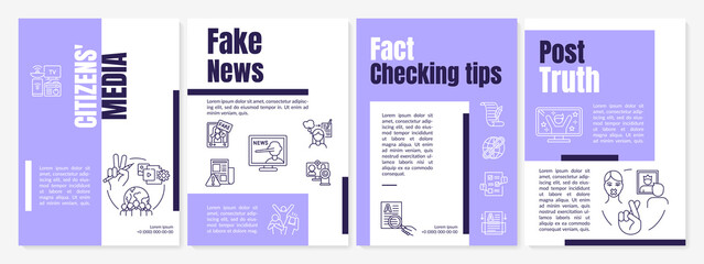 Citizen media purple brochure template. Online information consumption. Flyer, booklet, leaflet print, cover design with linear icons. Vector layouts for magazines, annual reports, advertising posters