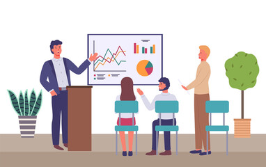 Office meeting, business people man and woman discussing indicators. Manager makes a presentation to colleagues. Businessmen stands near the podium talking about presentation with graphs and charts