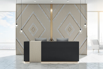 Modern office hall with reception desk and two computers.