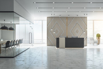 Comfortable office hall with reception desk and conference table.