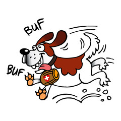 St. Bernard dog running with a barrel of rum on his neck, lifeguard, symbol of Switzerland, color cartoon