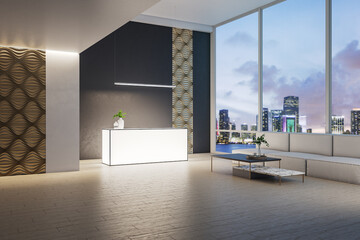 Stylish hotel hall with glowing reception table