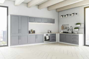 Fototapeta na wymiar Wooden loft kitchen interior with furniture