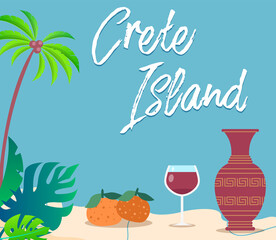 Crete island travel card. Traditional symbols of Greece. Clay vase with wine and tangerines. Landscape of greece territory with trees and fruit. Beachfront with food and drink for recreation at sea