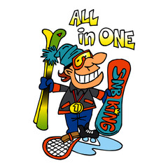 Winter sports all in one, champion in skiing and snowboarding and skating with a gold medal on his neck, snb king, sport joke, color cartoon