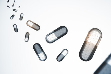 Abstract polygonal pills on white background.