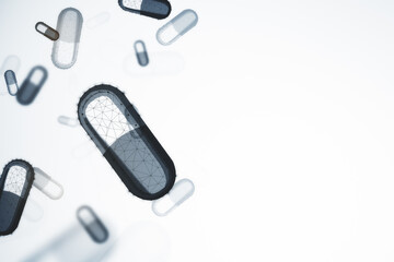 Glowing blue polygonal pills on white background.