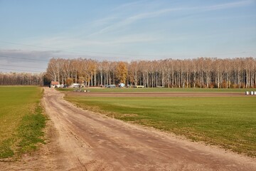 Agricultural field with dirt road to the distance on a plain, steads in Hungary