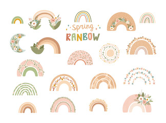 Collection cute rainbows with flowers in pastel colors isolated on white background for kids. Illustration in hand drawn style for posters, prints, cards, fabric, children's books. Vector - 403261447