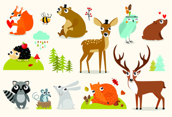 Vector forest animals collection including deer, bear, squirrel, fox, hedgehog, fawn, hare, raccoon, mouse, owl, bee. autumn forest. Cartoon animals. Cartoon characters.
