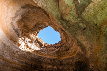 view of the inside of the Benagil Cave on the Algarve coast of Portugal