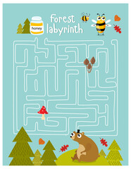Print.  game for children with a labyrinth.  forest labyrinth. Forest animal. cartoon bear and bee. Bear finding honey.
