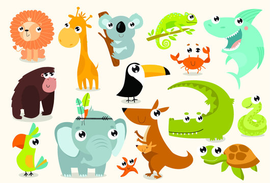 Big set of vector animals. Tropical animals. cartoon animals. lion, giraffe, gorilla, crab, shark, snake, elephant, parrot, koala, kangaroo, crocodile, turtle
