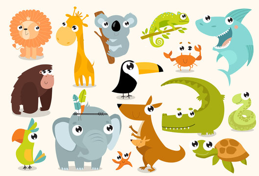 Print. Big set of animals. Tropical animals. cartoon animals. lion, giraffe, gorilla, crab, shark, snake, elephant, parrot, koala, kangaroo, crocodile, turtle
