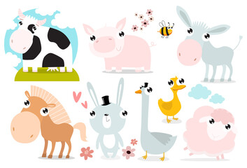 Print. set with pets. animal farms. cow, pig, donkey, horse, rabbit, goose, duck, sheep, lamb. cartoon animals. cartoon characters
