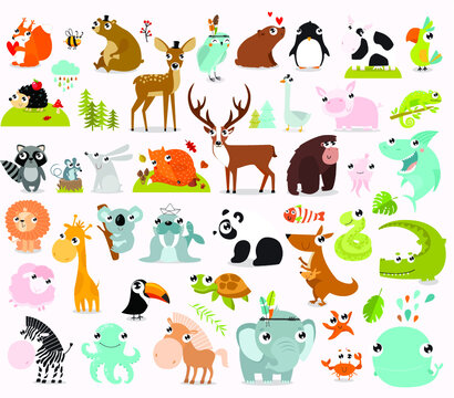 Big vector set of animals. cow, alligator, bear, panda, penguin, octopus, koala, cartoon characters, zebra, animal logo, fox, pig, deer, monkey, rabbitgiraffe, whale, forest animals. vector animals